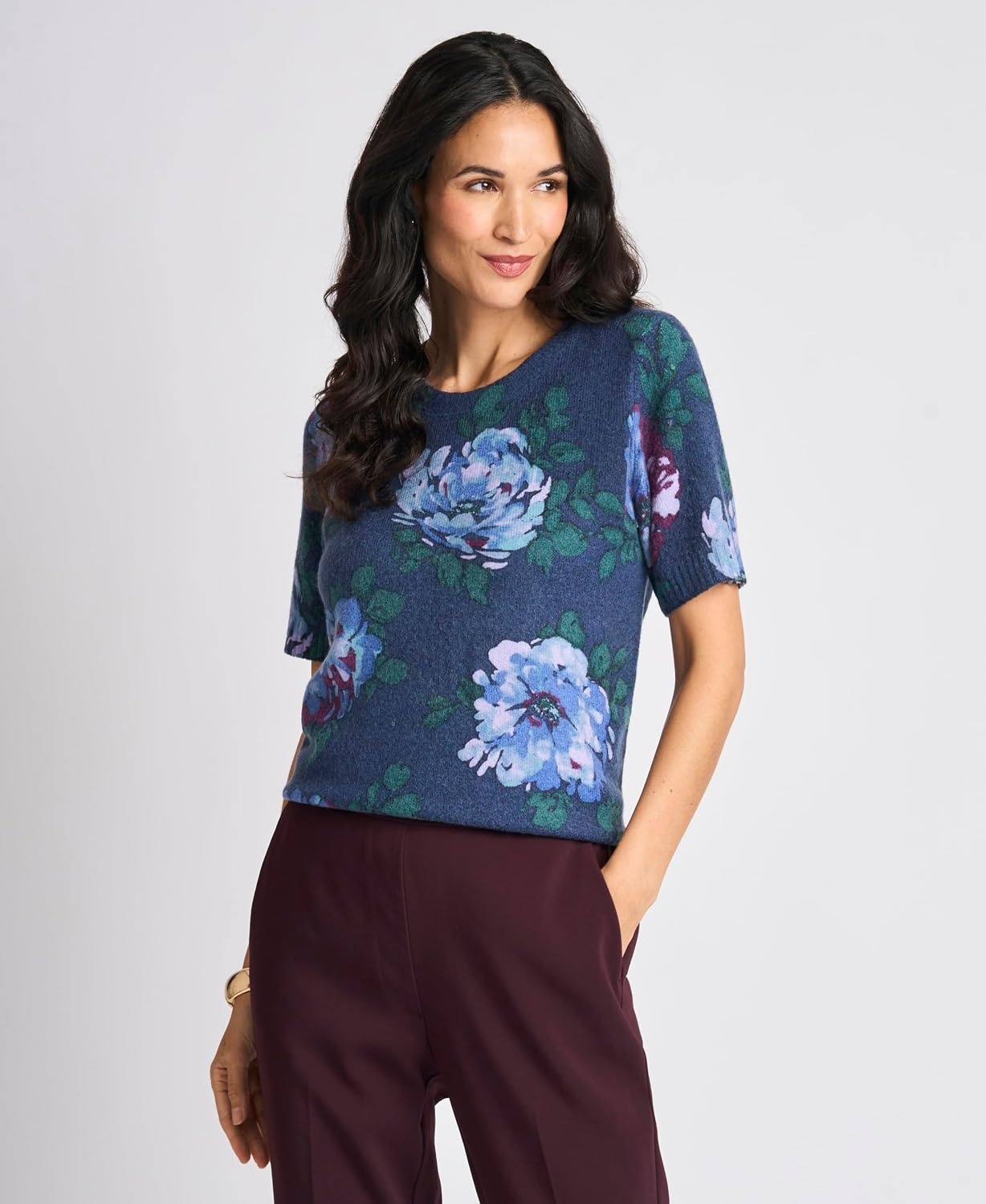 image:imageVince Camuto Womens Printed Short Sleeve Crew Neck SweaterIndigo Night