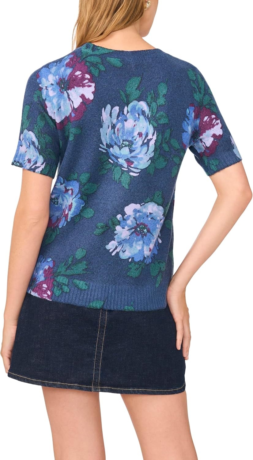 image:imageVince Camuto Womens Printed Short Sleeve Crew Neck SweaterIndigo Night