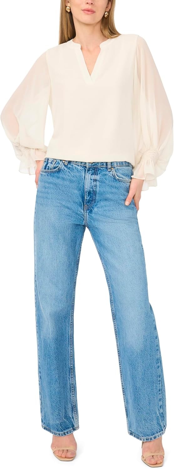 image:imageVince Camuto Womens Split Neck Long Sleeve Blouse with Smocked CuffNew Ivory