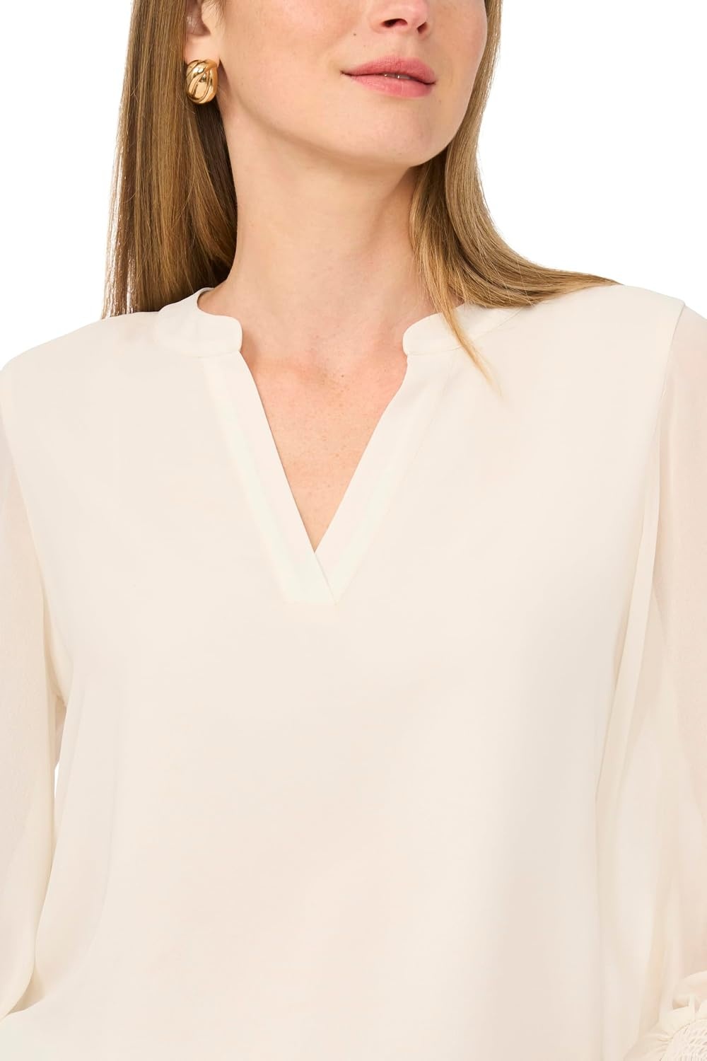 image:imageVince Camuto Womens Split Neck Long Sleeve Blouse with Smocked CuffNew Ivory