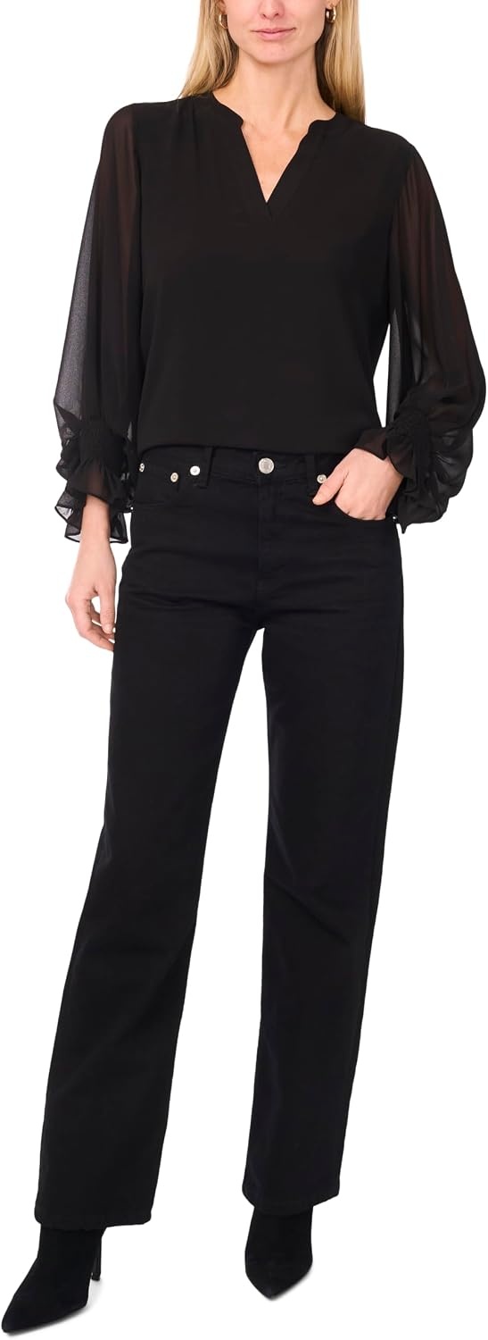 image:imageVince Camuto Womens Split Neck Long Sleeve Blouse with Smocked CuffRich Black