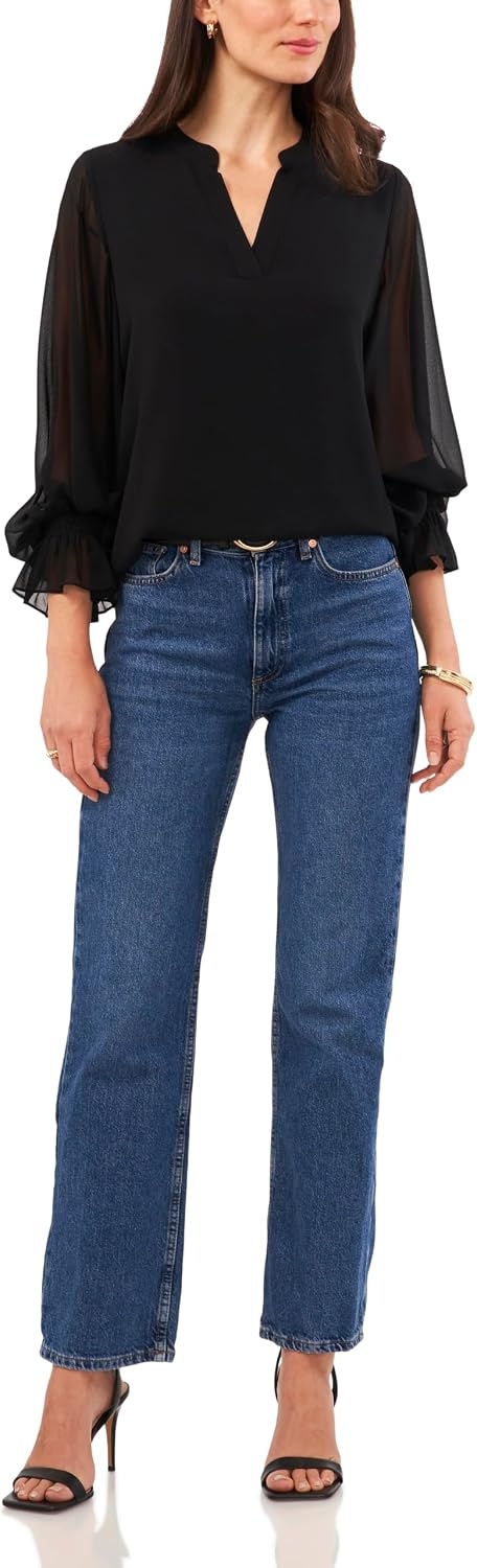 image:imageVince Camuto Womens Split Neck Long Sleeve Blouse with Smocked CuffRich Black