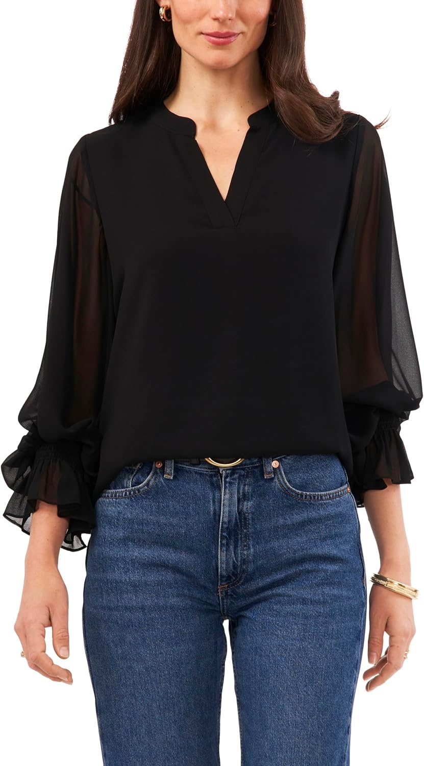 image:imageVince Camuto Womens Split Neck Long Sleeve Blouse with Smocked CuffRich Black