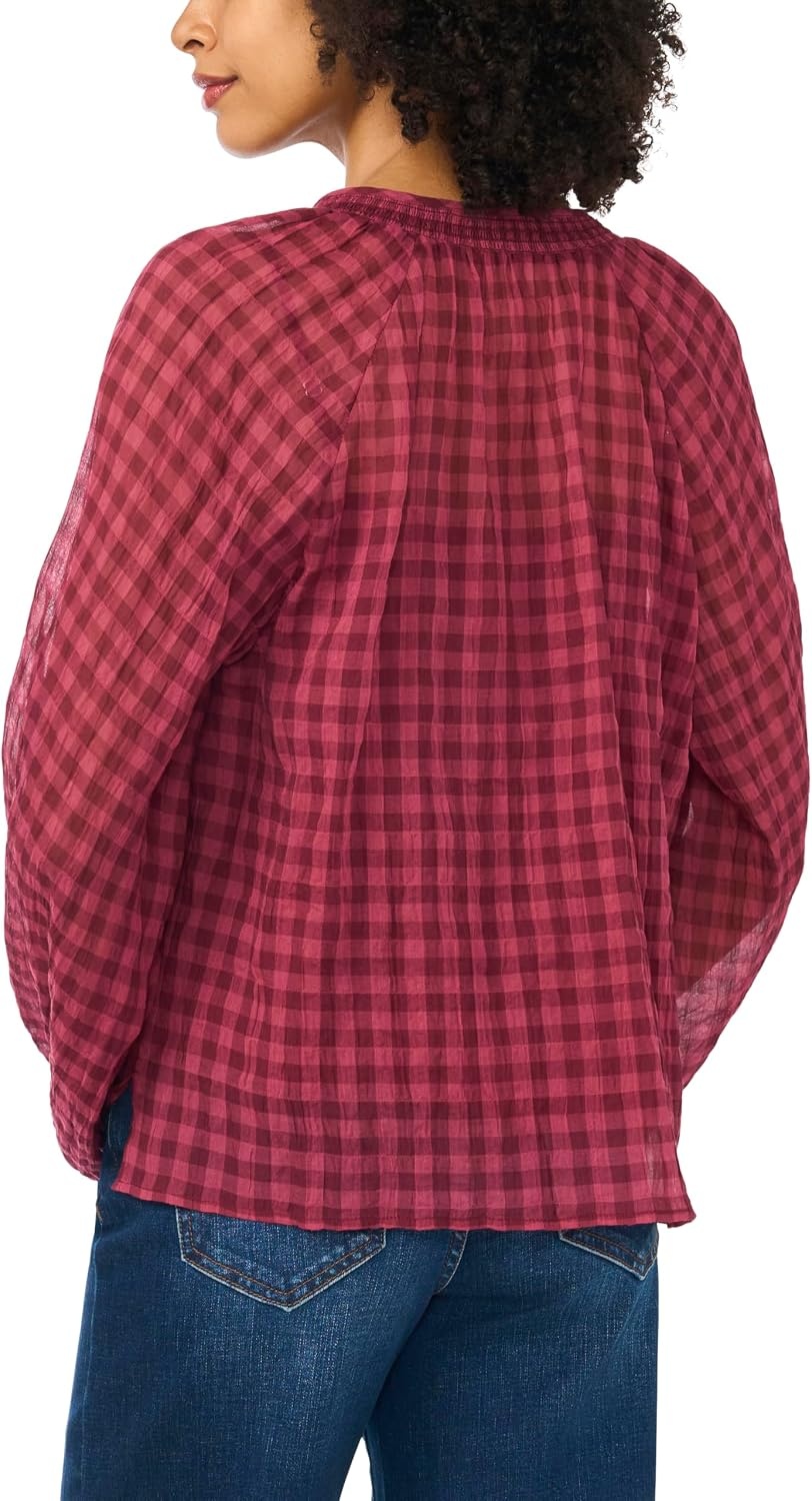 image:imageVince Camuto Womens Tie Neck Shirring Long Sleeve Peasant BlouseCrisp Merlot