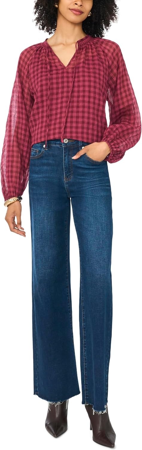 image:imageVince Camuto Womens Tie Neck Shirring Long Sleeve Peasant BlouseCrisp Merlot