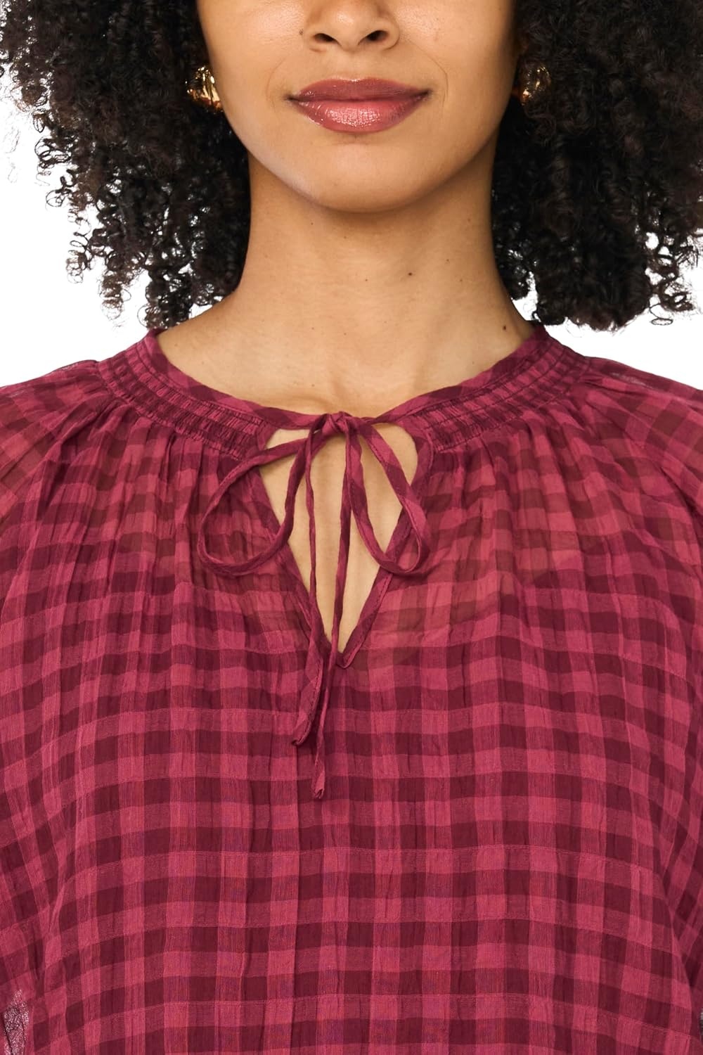 image:imageVince Camuto Womens Tie Neck Shirring Long Sleeve Peasant BlouseCrisp Merlot