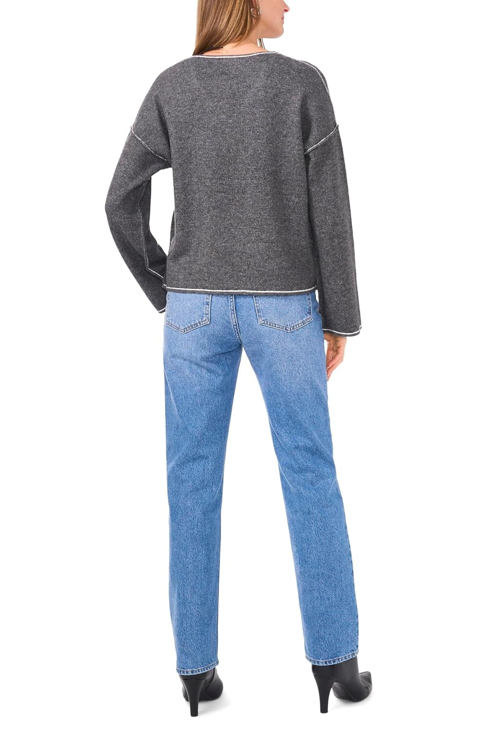 image:imageVince Camuto Womens VNeck with Contrast Crochet Stitch at SeamMedium Heather Grey