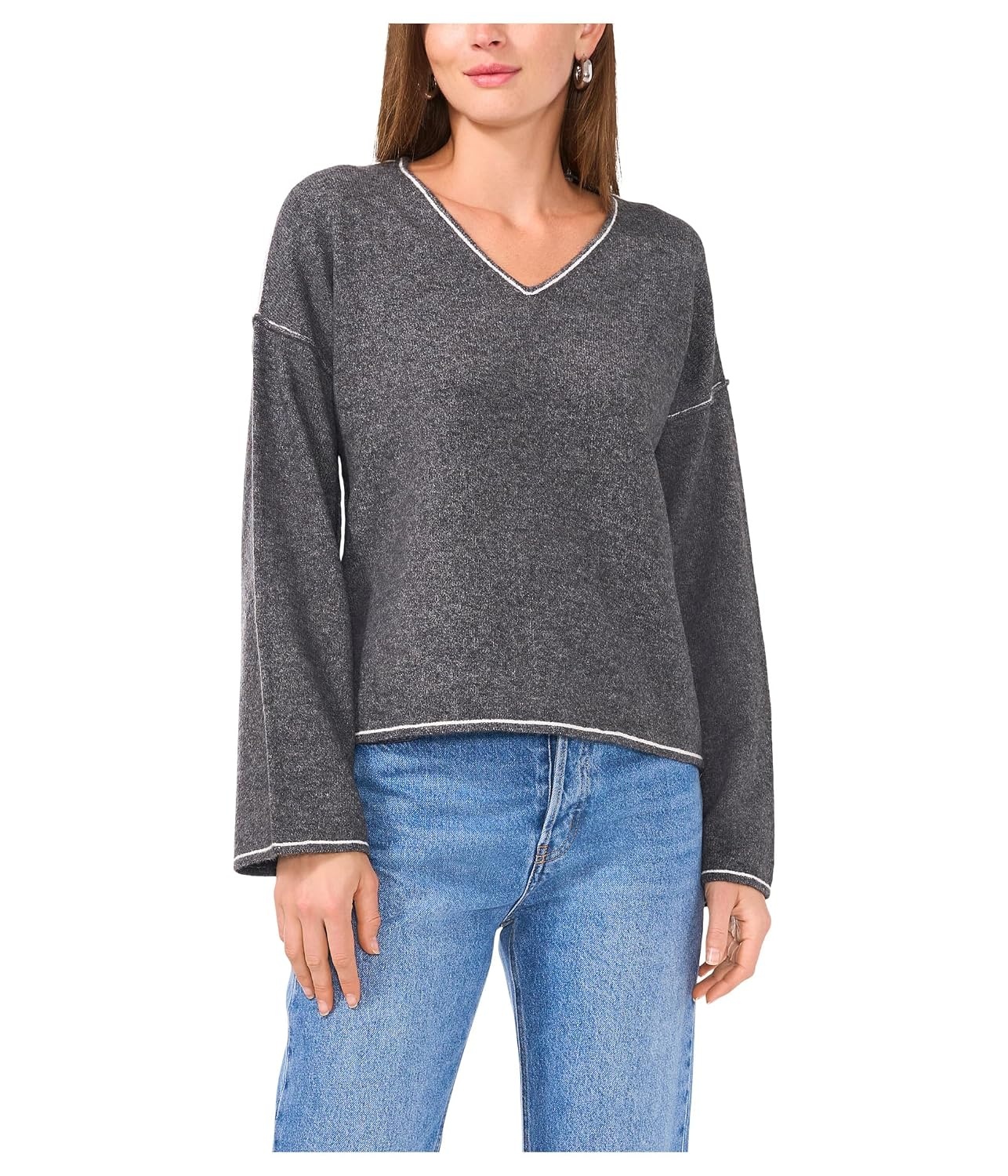 image:imageVince Camuto Womens VNeck with Contrast Crochet Stitch at SeamMedium Heather Grey