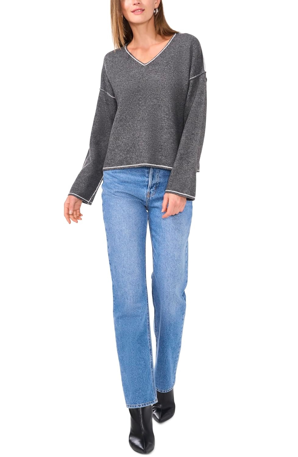 image:imageVince Camuto Womens VNeck with Contrast Crochet Stitch at SeamMedium Heather Grey
