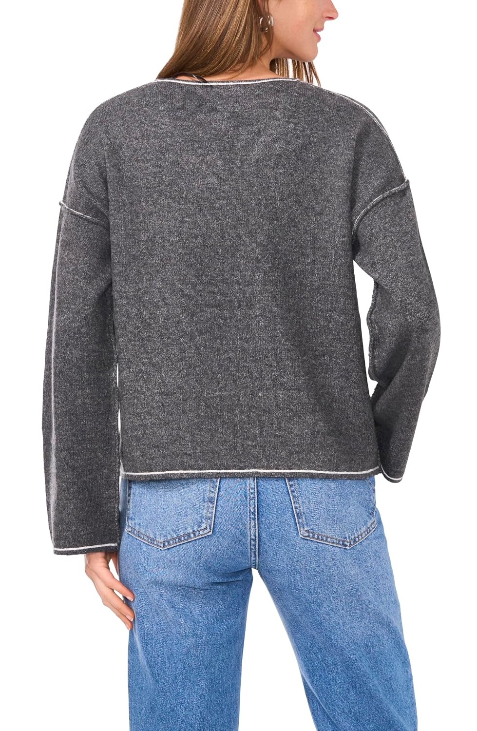image:imageVince Camuto Womens VNeck with Contrast Crochet Stitch at SeamMedium Heather Grey