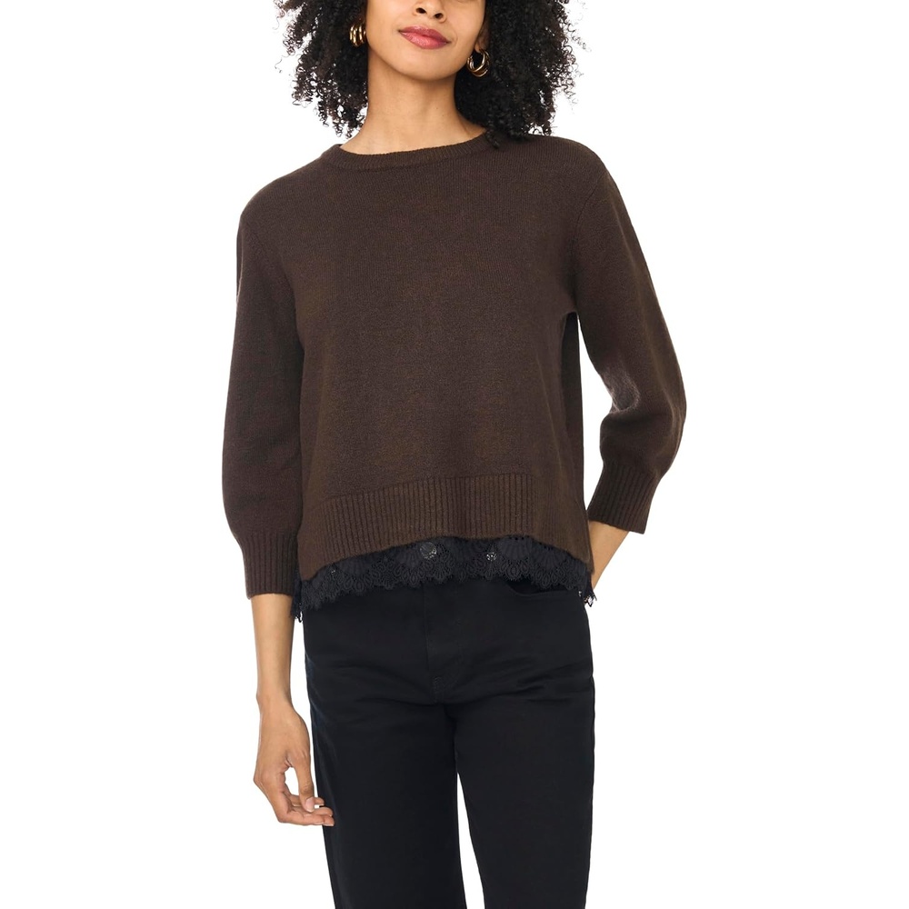image:imageVince Camuto Womens 34 Sleeve Crew Neck with Lace Hem SweaterChocolate