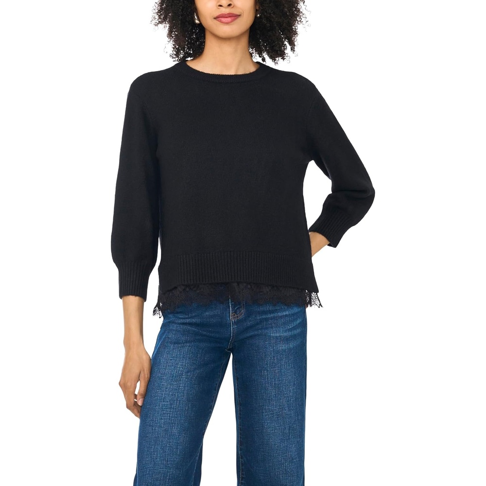 image:imageVince Camuto Womens 34 Sleeve Crew Neck with Lace Hem SweaterRich Black
