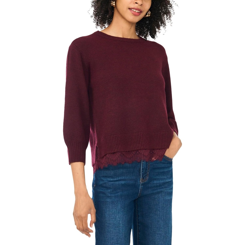image:imageVince Camuto Womens 34 Sleeve Crew Neck with Lace Hem SweaterWine
