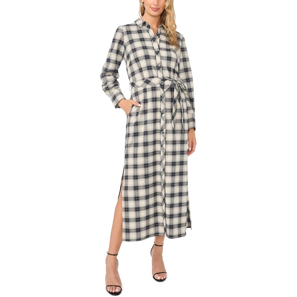image:imageVince Camuto Womens Checkered Long Sleeve Collared Belted Midi Shirt DressRich Black