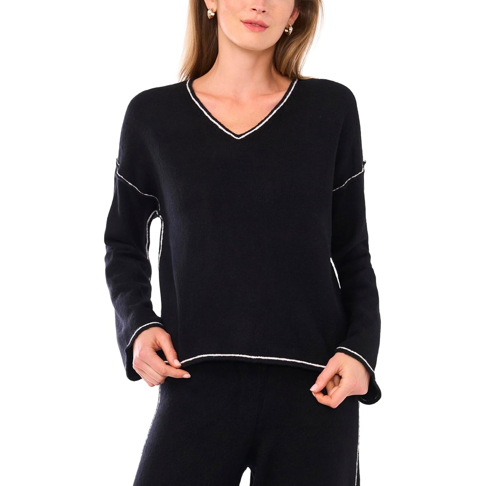 image:imageVince Camuto Womens Contrast Stitch Long Sleeve VNeck SweaterRich Black