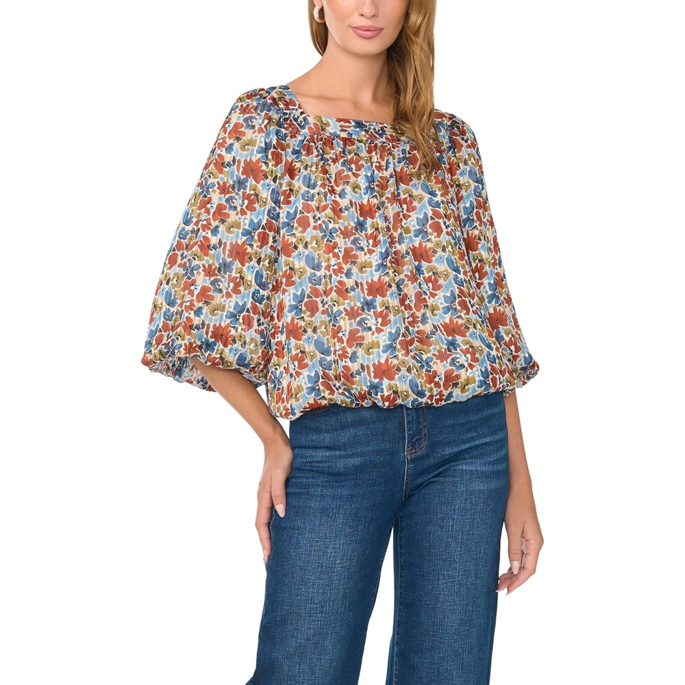 image:imageVince Camuto Womens Elbow Sleeve Square Neck Bubble BlouseDenim Navy
