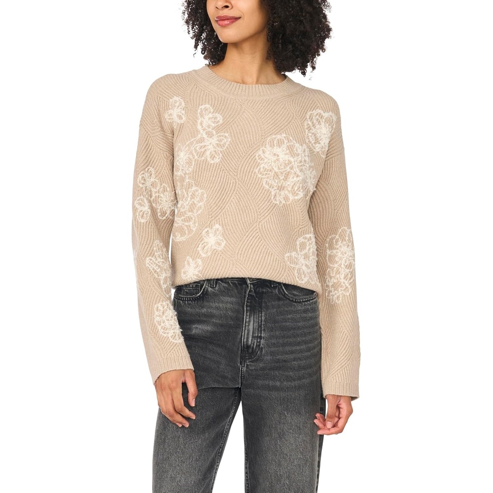 image:imageVince Camuto Womens Embroidery Long Sleeve Crew Neck SweaterDusty Walnut