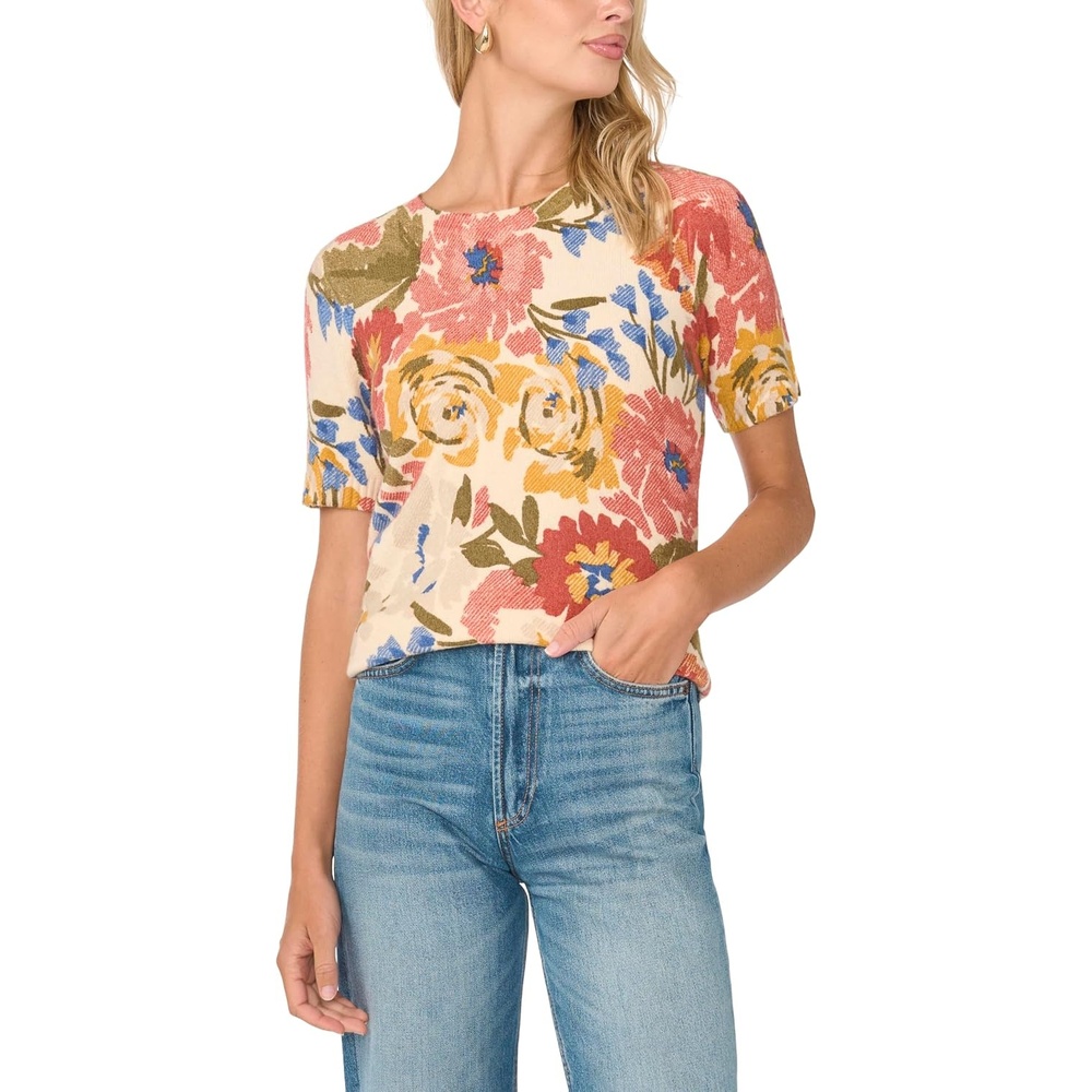 image:imageVince Camuto Womens Floral Printed Short Sleeve Crew Neck SweaterBirch