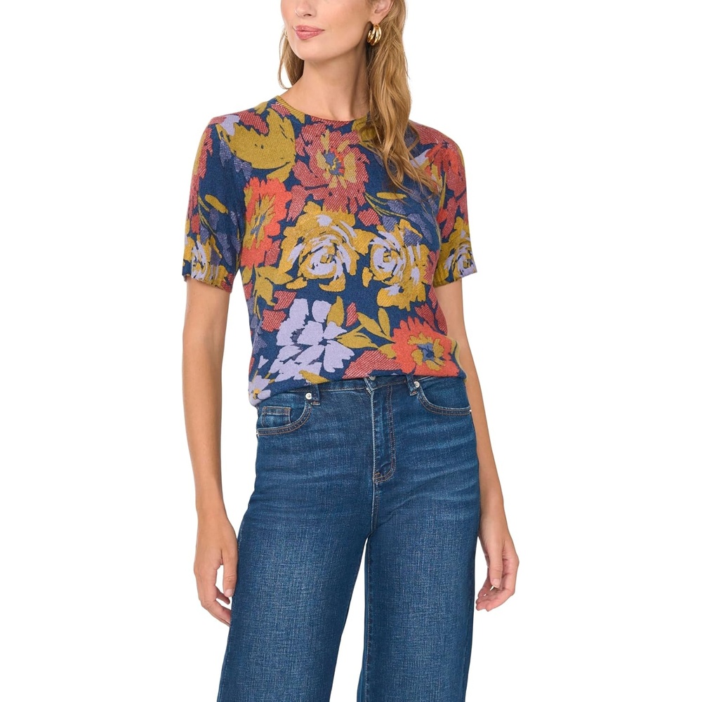 image:imageVince Camuto Womens Floral Printed Short Sleeve Crew Neck SweaterClassic Navy