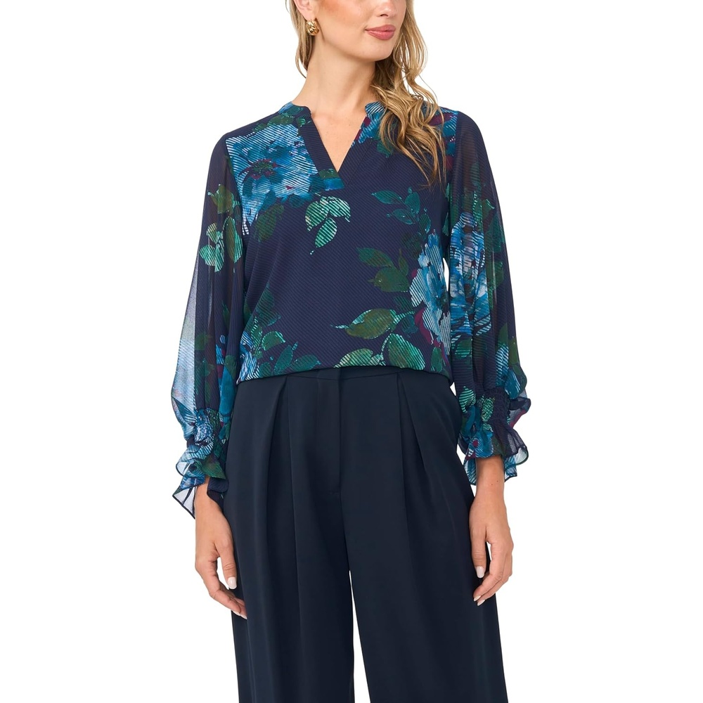 image:imageVince Camuto Womens Floral Split Neck Long Sleeve Blouse with Smocked CuffRich Navy