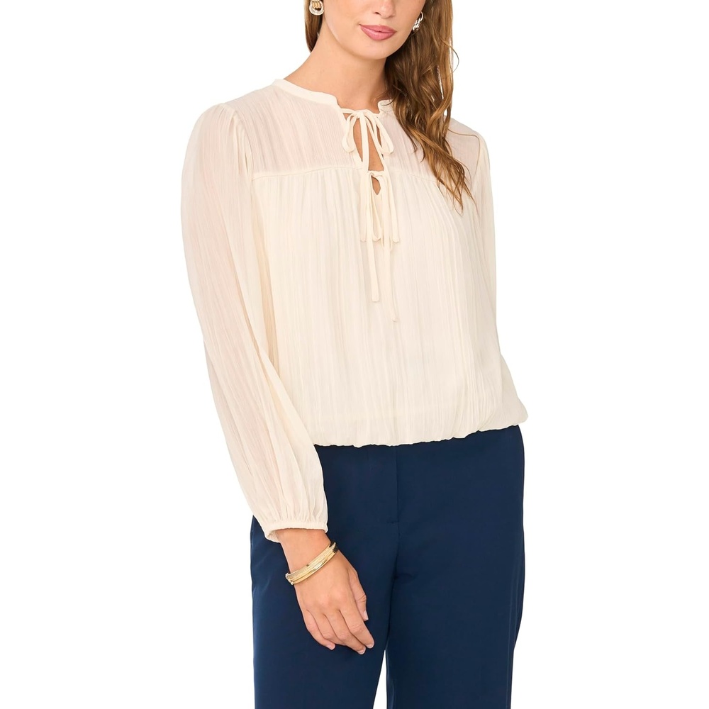 image:imageVince Camuto Womens Long Sleeve Bubble Hem with Split Neck and Two Tie TopSand Drift