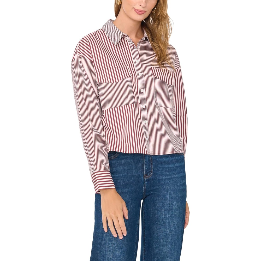 image:imageVince Camuto Womens Long Sleeve Collar Button Down with Front Pocket BlouseBloom Plum