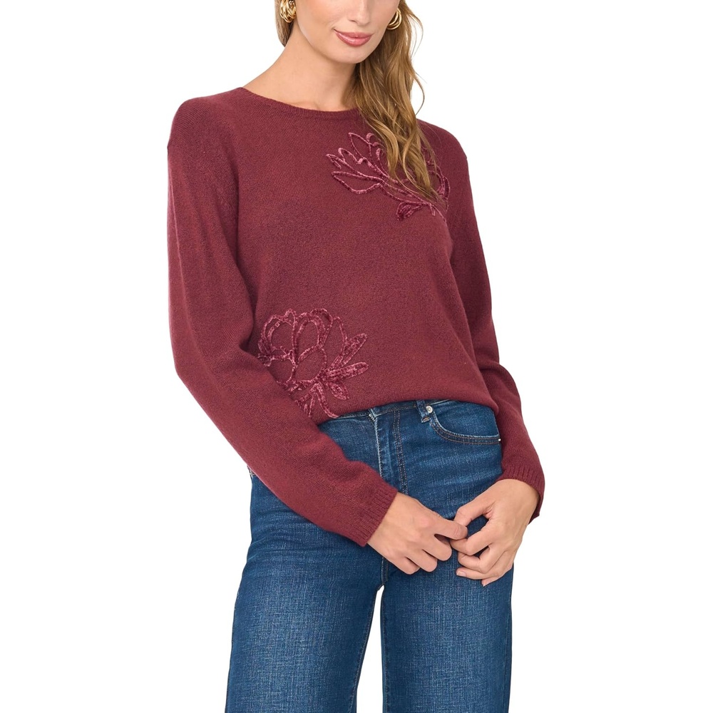 image:imageVince Camuto Womens Long Sleeve Crew Neck Chenille Embroidery SweaterBurgundy