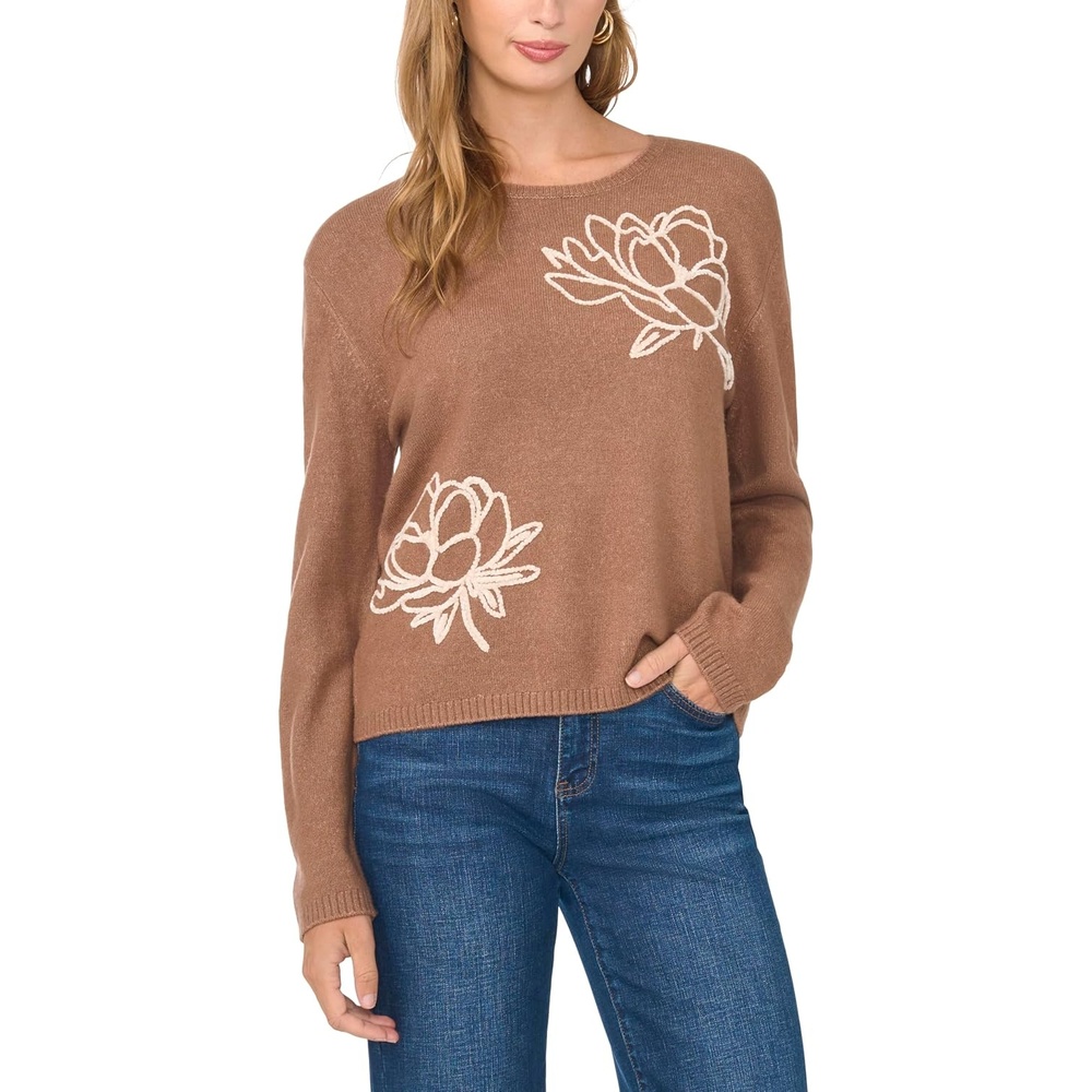 image:imageVince Camuto Womens Long Sleeve Crew Neck Chenille Embroidery SweaterNew Mocha