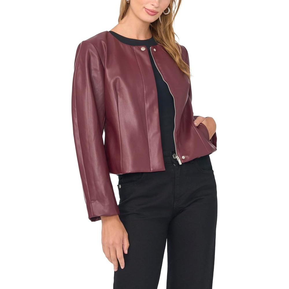 image:imageVince Camuto Womens Long Sleeve Cropped Front Zipper Crew Neck JacketBerry Royale