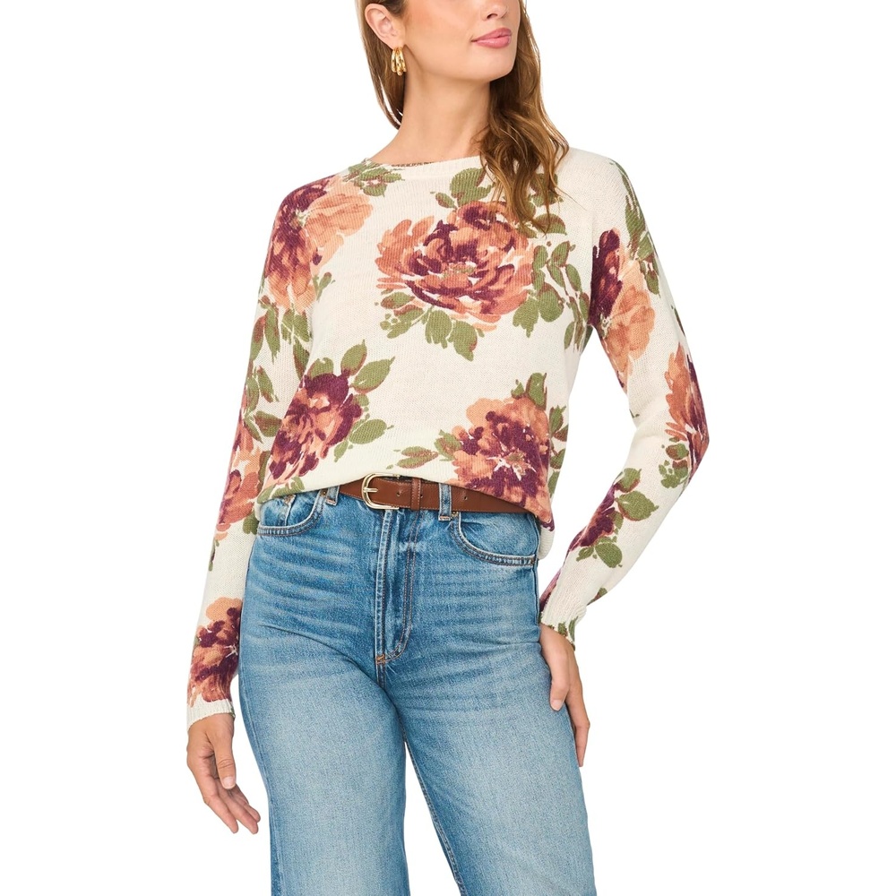 image:imageVince Camuto Womens Long Sleeve Printed Crew Neck SweaterBirch