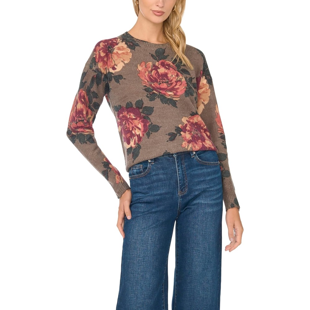 image:imageVince Camuto Womens Long Sleeve Printed Crew Neck SweaterSeal Brown