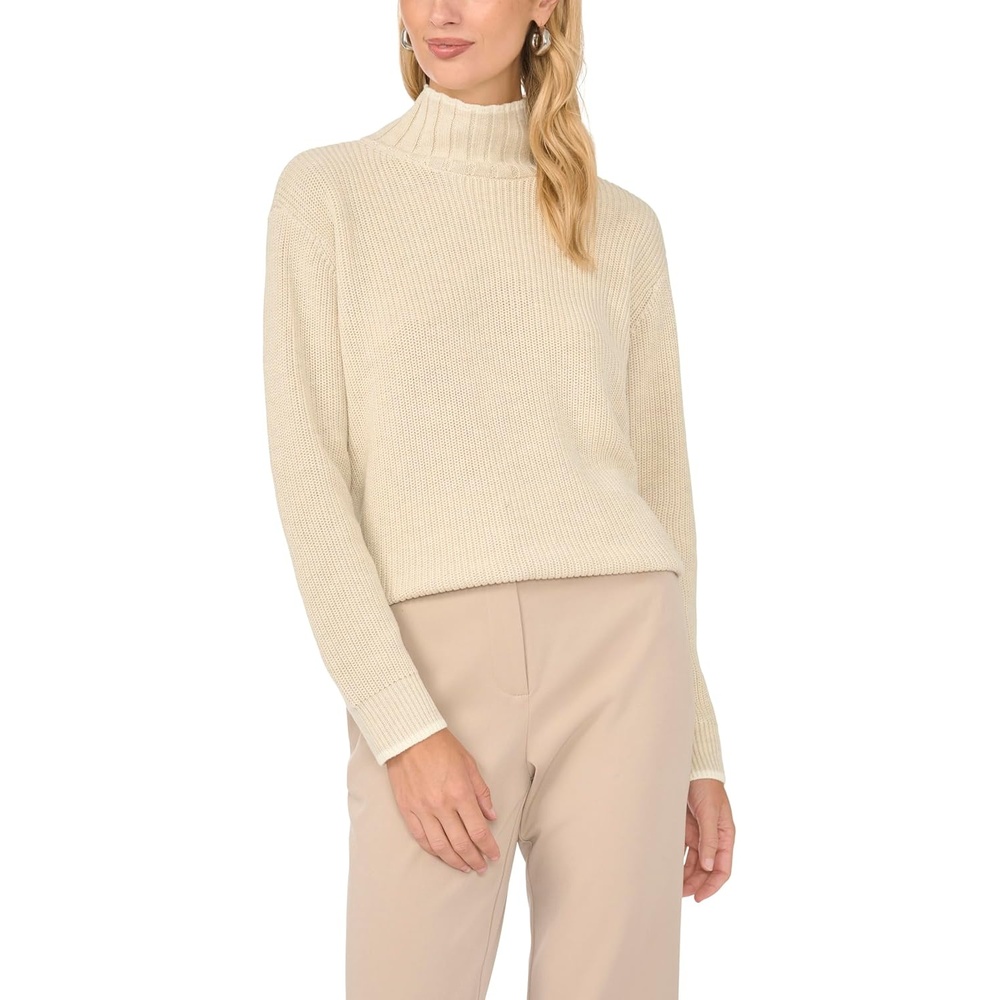 image:imageVince Camuto Womens Long Sleeve Shaker Stitch Turtleneck with Tipping SweaterMalted