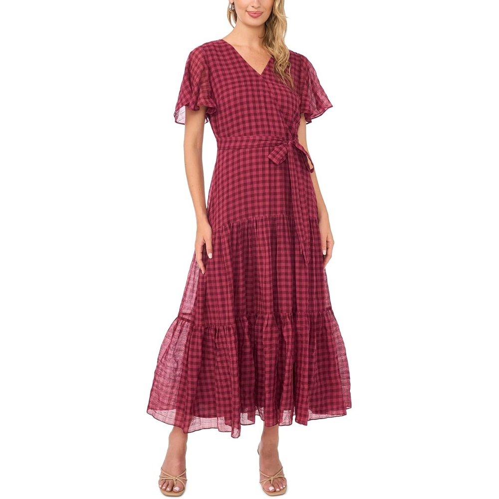 image:imageVince Camuto Womens Short Sleeve Flutter Sleeve Surplice Midi DressCrisp Merlot