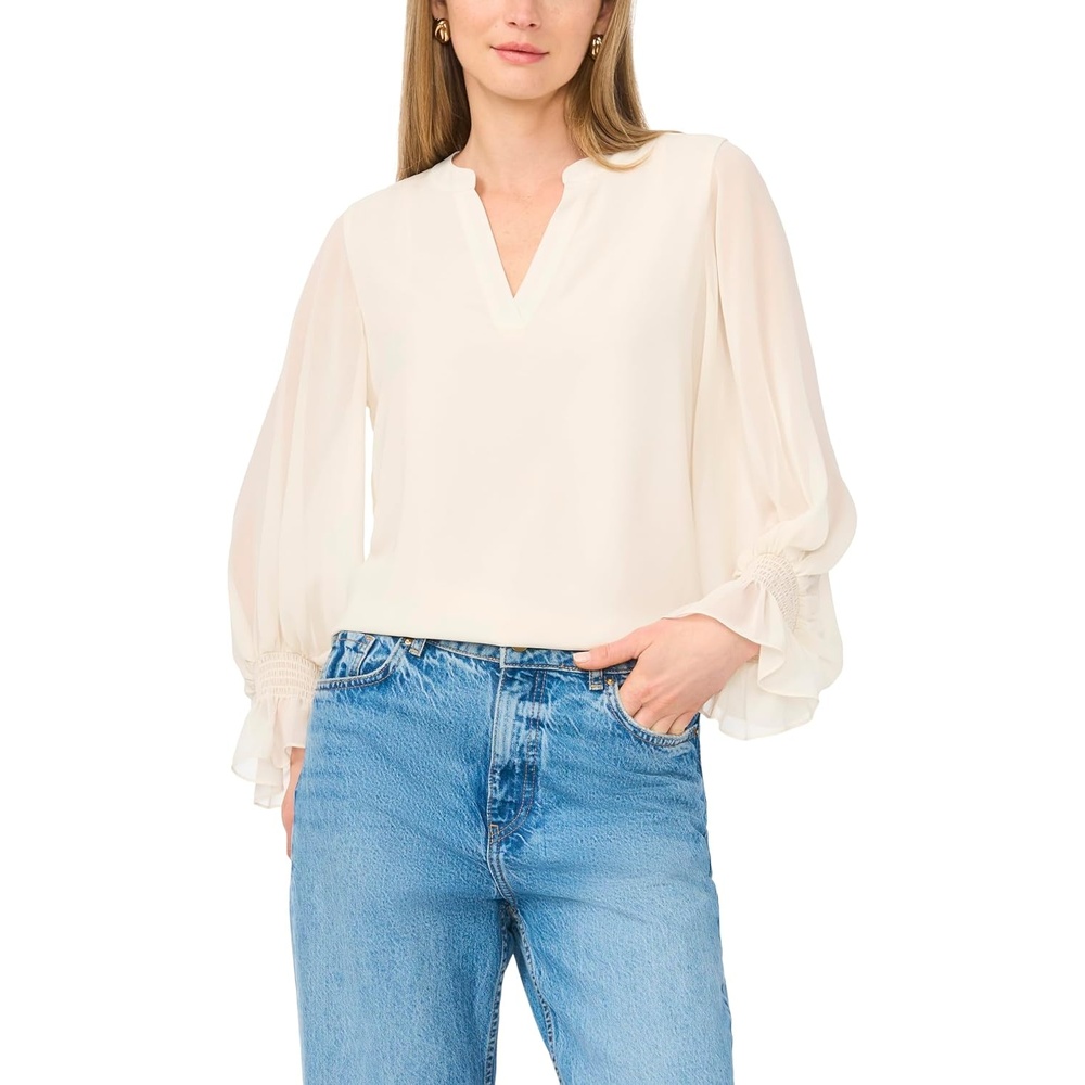 image:imageVince Camuto Womens Split Neck Long Sleeve Blouse with Smocked CuffNew Ivory