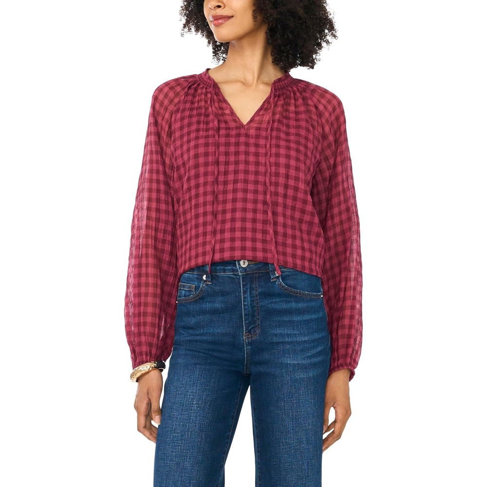 image:imageVince Camuto Womens Tie Neck Shirring Long Sleeve Peasant BlouseCrisp Merlot