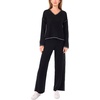 Vince Camuto Women’s Contrast Stitch Long Sleeve V-Neck Sweater(Rich Black)