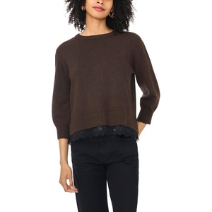 Vince Camuto Women’s 3/4 Sleeve Crew Neck with Lace Hem Sweater(Chocolate)
