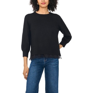 Vince Camuto Women’s 3/4 Sleeve Crew Neck with Lace Hem Sweater(Rich Black)