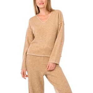 Vince Camuto Women’s Contrast Stitch Long Sleeve V-Neck Sweater(Latte Heather)