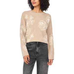Vince Camuto Women’s Embroidery Long Sleeve Crew Neck Sweater(Dusty Walnut)