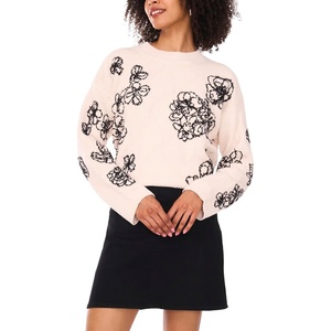 Vince Camuto Women’s Embroidery Long Sleeve Crew Neck Sweater(Sugar Heather)