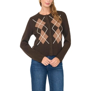 Vince Camuto Women’s Long Sleeve Argyle Cardigan(Chocolate)