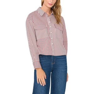 Vince Camuto Women’s Long Sleeve Collar Button Down with Front Pocket Blouse(Bloom Plum)
