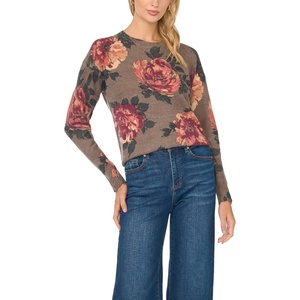 Vince Camuto Women’s Long Sleeve Printed Crew Neck Sweater(Seal Brown)