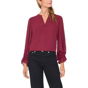 Vince Camuto Women’s Split Neck Long Sleeve Blouse with Smocked Cuff(Crisp Merlot)