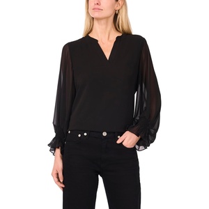 Vince Camuto Women’s Split Neck Long Sleeve Blouse with Smocked Cuff(Rich Black)