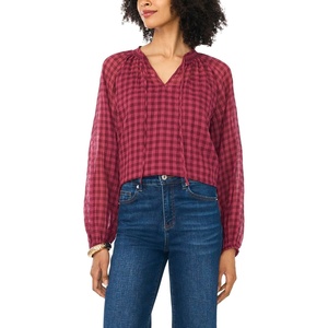 Vince Camuto Women’s Tie Neck Shirring Long Sleeve Peasant Blouse(Crisp Merlot)